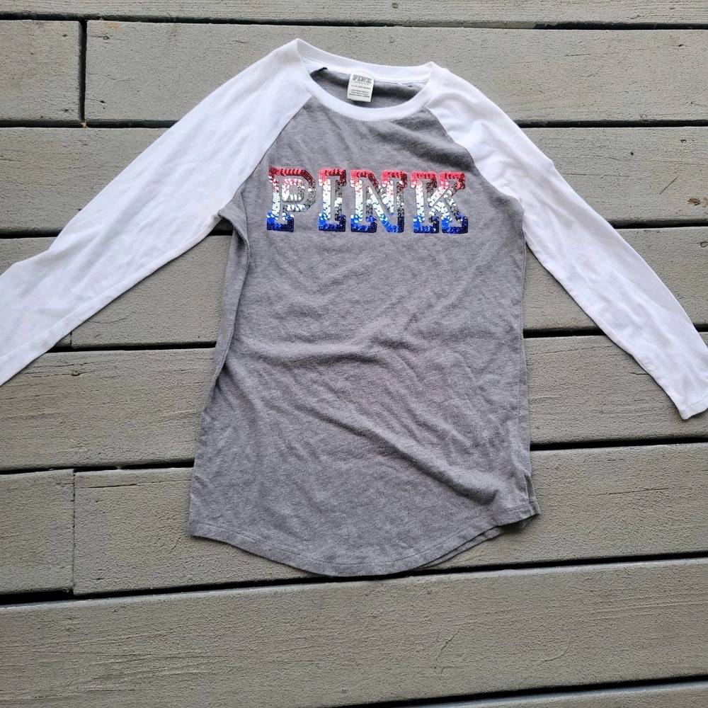 Victoria's Secret Pink Bling Ombre Perfect 3/4 Sleeve Tee Shirt Clay Gray Small
